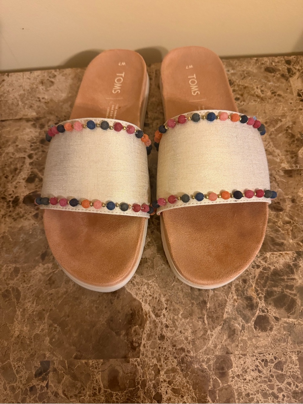 TOMS Cream Slide Sandals with Multicolor Bead Trim